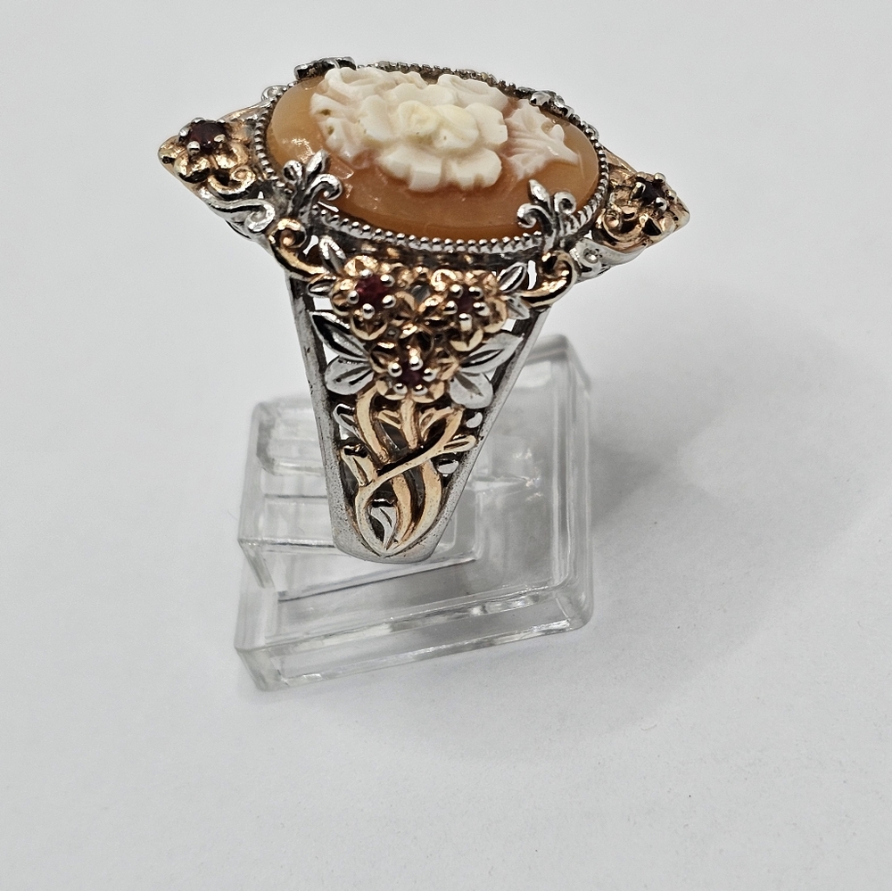 Genuine Handcarved Shell & Orange Sapphire Cameo 💍 Palladium Sterling Sz 9! - Picture 4 of 7
